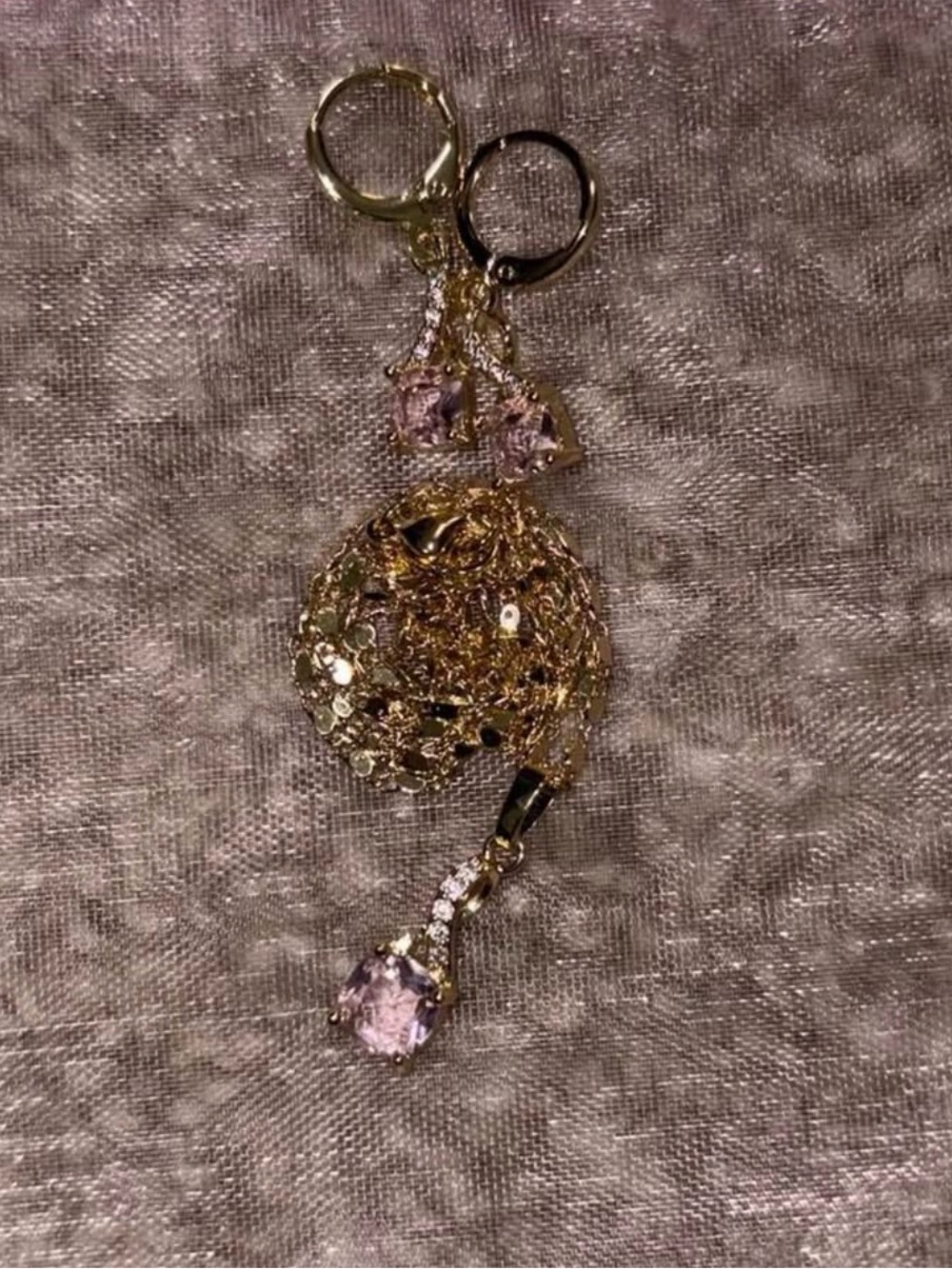 Gold Filigree Pendant and Earrings Set with Light Pink Stones